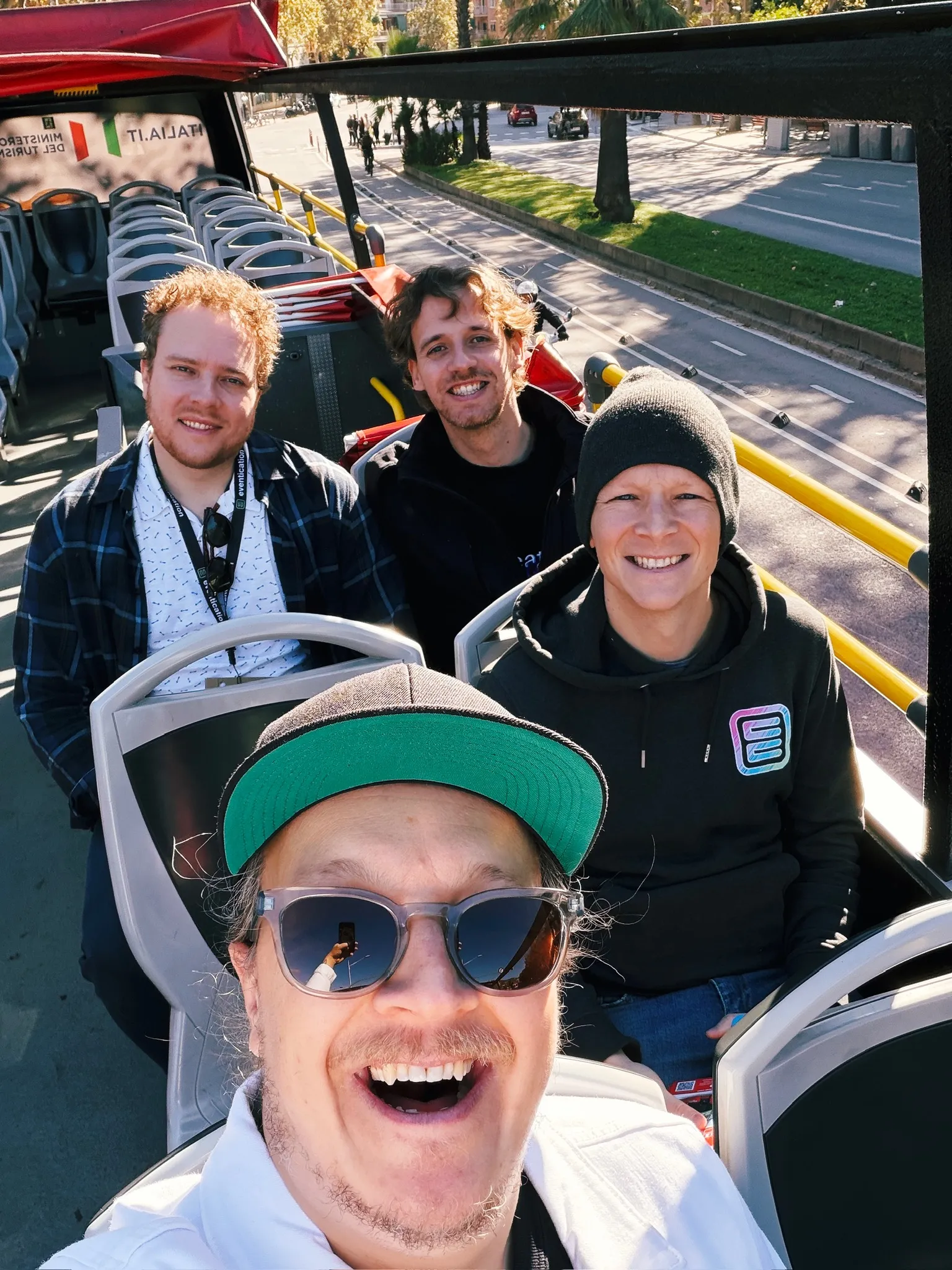 The Eventication team together on an open-top bus.